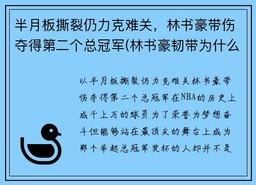 半月板撕裂仍力克难关，林书豪带伤夺得第二个总冠军(林书豪韧带为什么会断)