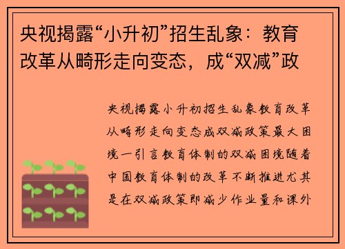 央视揭露“小升初”招生乱象：教育改革从畸形走向变态，成“双减”政策最大困境