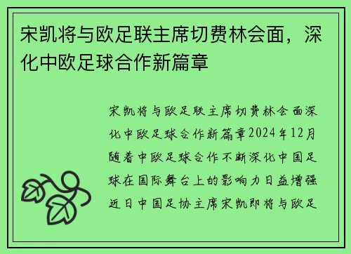 宋凯将与欧足联主席切费林会面，深化中欧足球合作新篇章